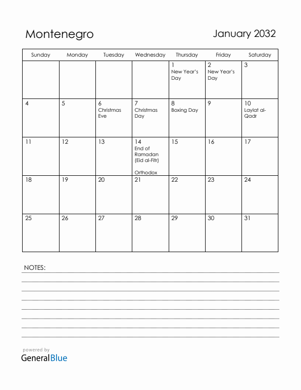 January 2032 Montenegro Calendar with Holidays (Sunday Start)