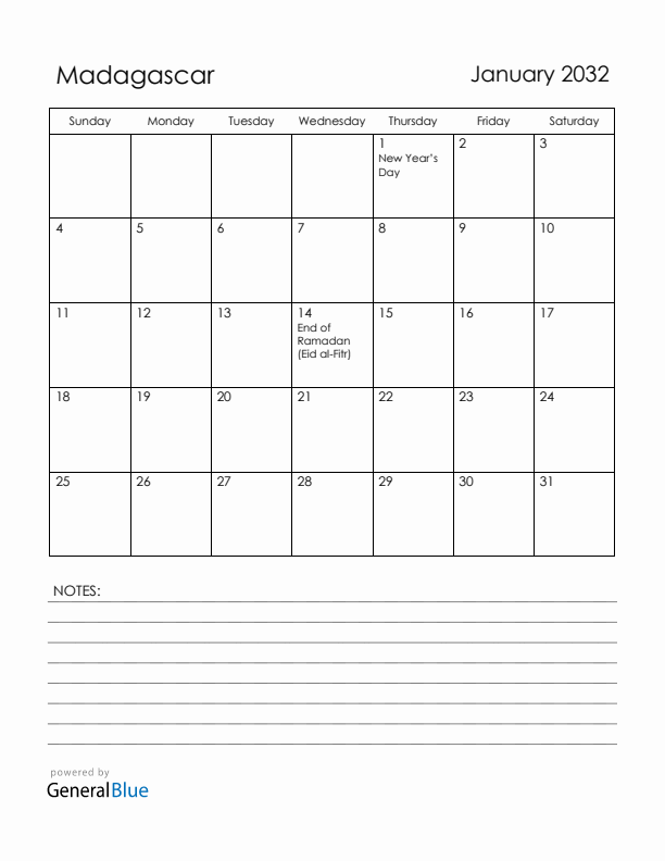 January 2032 Madagascar Calendar with Holidays (Sunday Start)