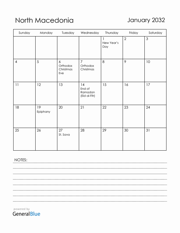 January 2032 North Macedonia Calendar with Holidays (Sunday Start)