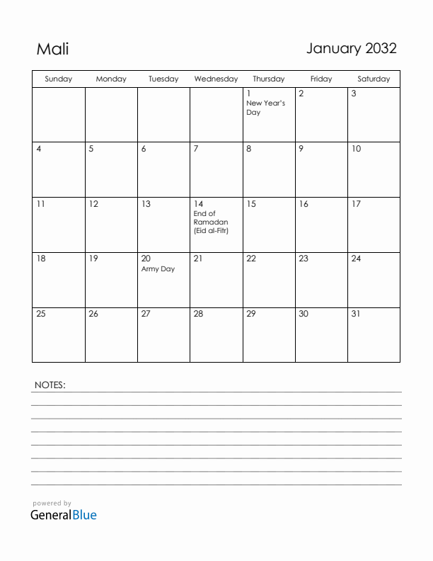 January 2032 Mali Calendar with Holidays (Sunday Start)