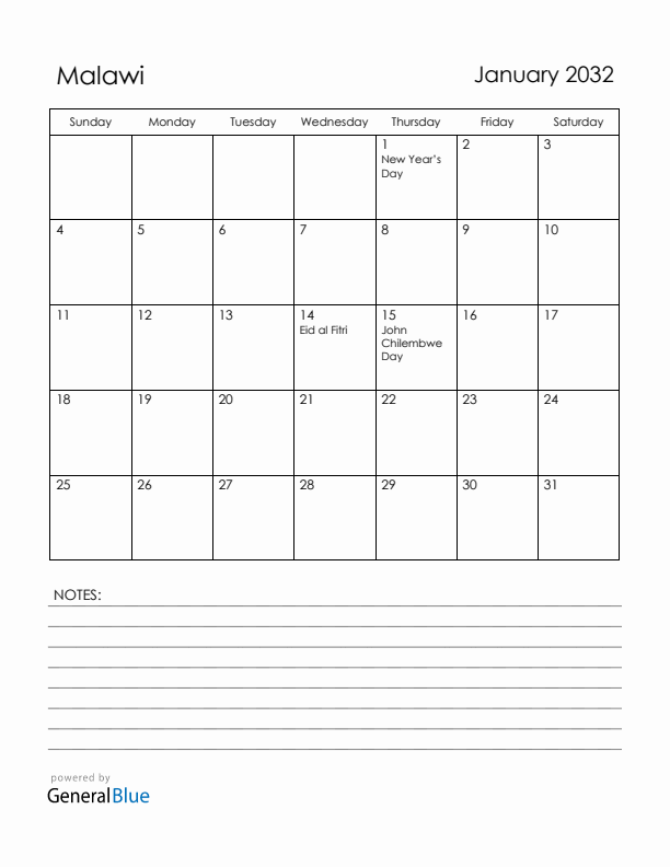 January 2032 Malawi Calendar with Holidays (Sunday Start)