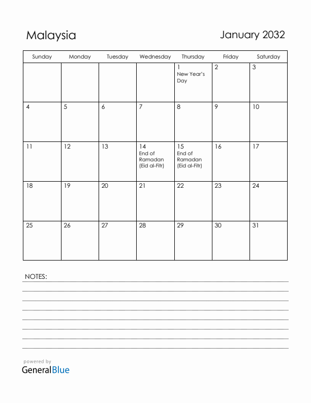 January 2032 Malaysia Calendar with Holidays (Sunday Start)