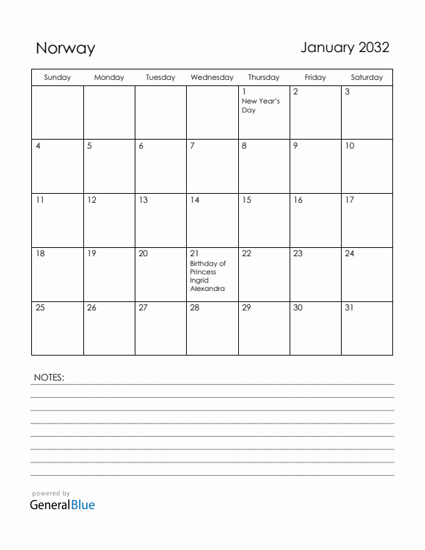 January 2032 Norway Calendar with Holidays (Sunday Start)