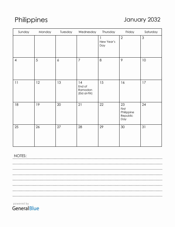January 2032 Philippines Calendar with Holidays (Sunday Start)