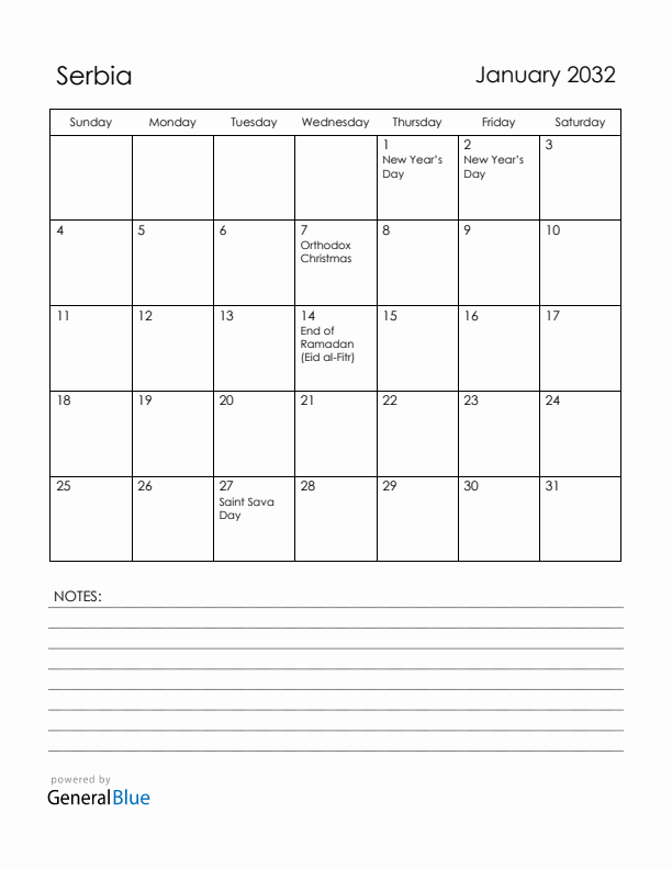 January 2032 Serbia Calendar with Holidays (Sunday Start)