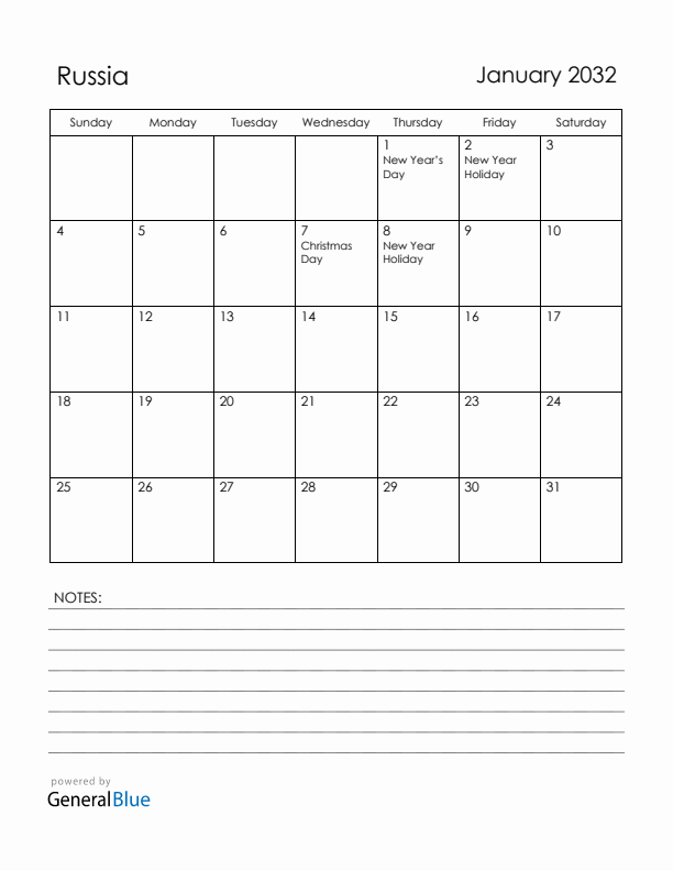 January 2032 Russia Calendar with Holidays (Sunday Start)