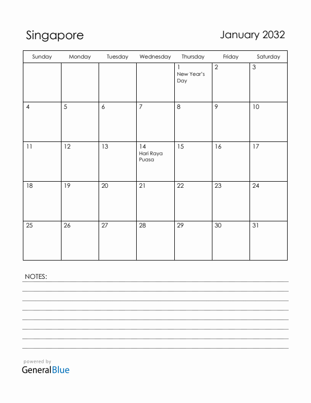 January 2032 Singapore Calendar with Holidays (Sunday Start)