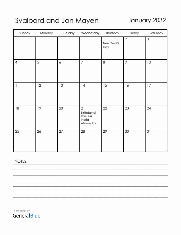 January 2032 Svalbard and Jan Mayen Calendar with Holidays (Sunday Start)