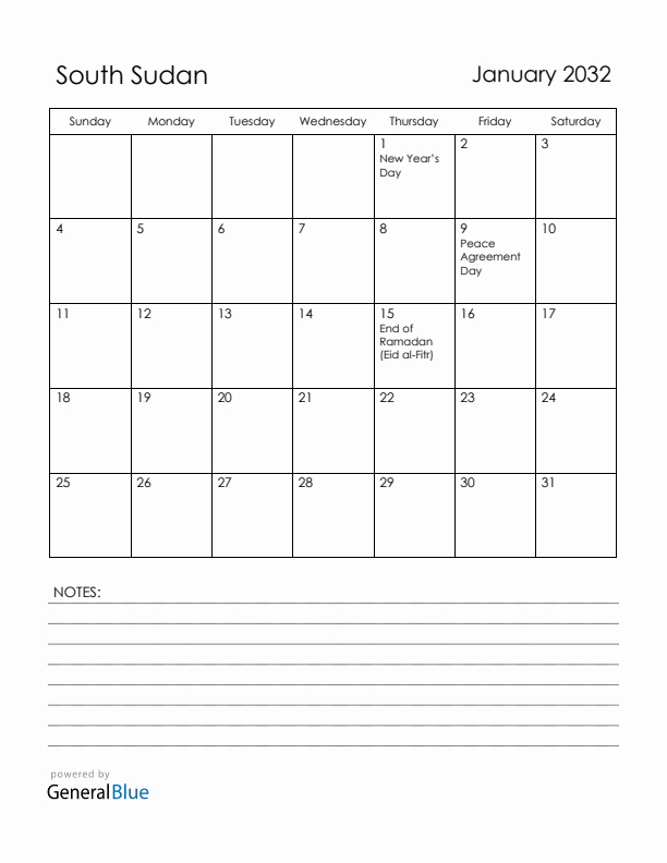 January 2032 South Sudan Calendar with Holidays (Sunday Start)