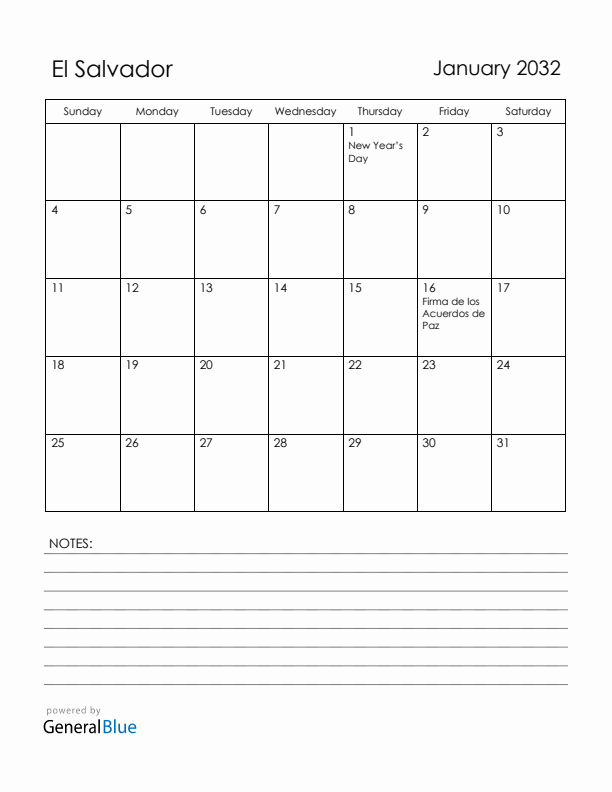 January 2032 El Salvador Calendar with Holidays (Sunday Start)