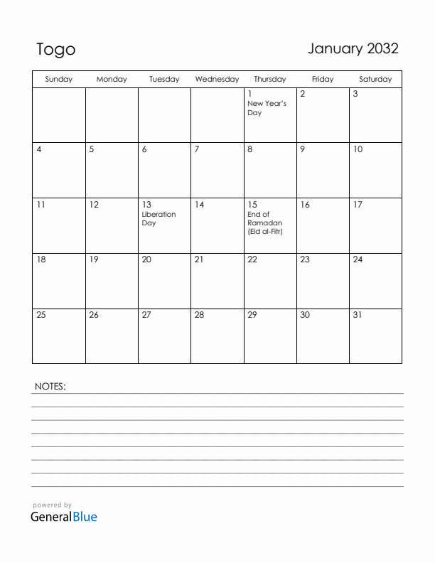 January 2032 Togo Calendar with Holidays (Sunday Start)