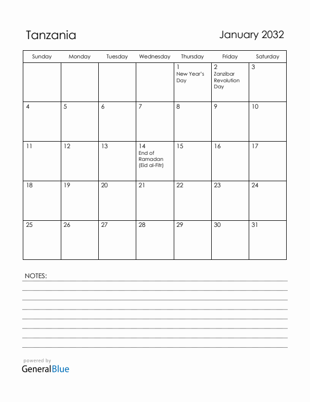 January 2032 Tanzania Calendar with Holidays (Sunday Start)