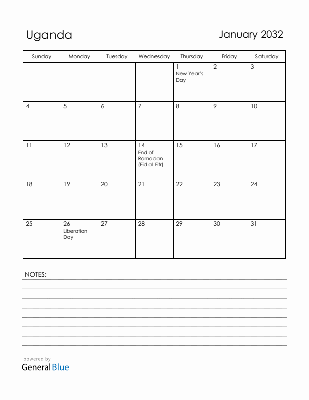 January 2032 Uganda Calendar with Holidays (Sunday Start)