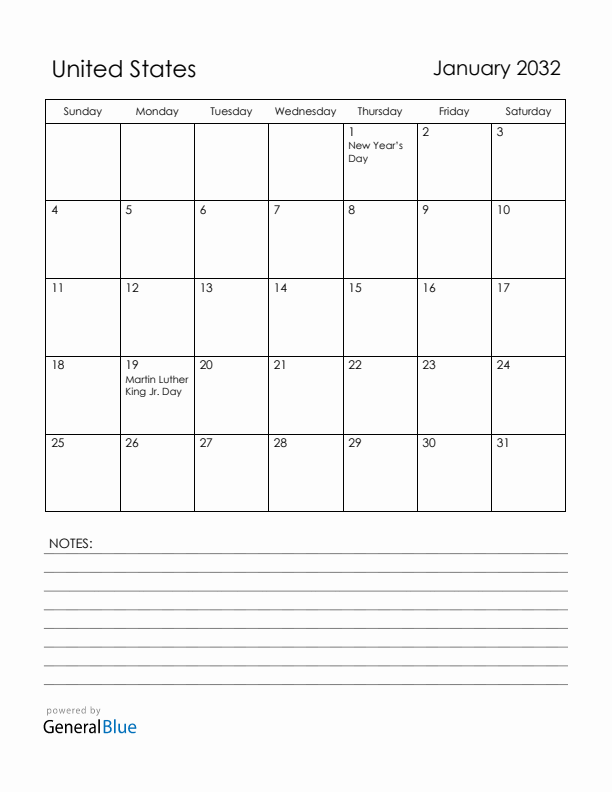 January 2032 United States Calendar with Holidays (Sunday Start)