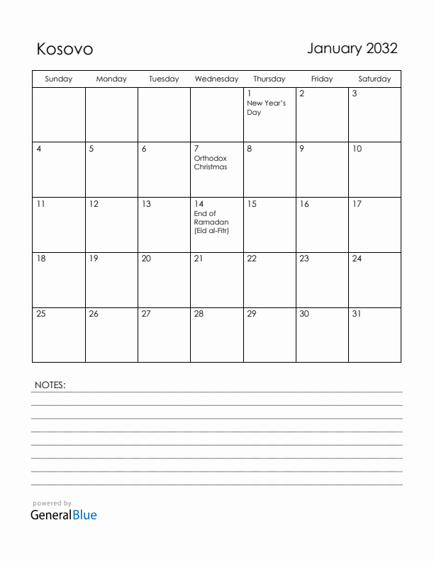 January 2032 Kosovo Calendar with Holidays (Sunday Start)