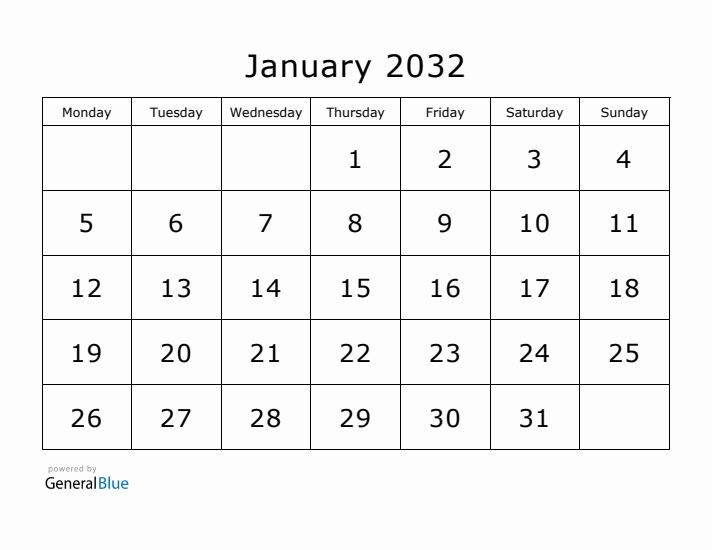 Printable January 2032 Calendar - Monday Start