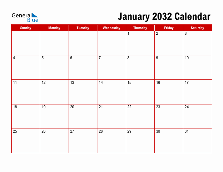 Simple Monthly Calendar - January 2032