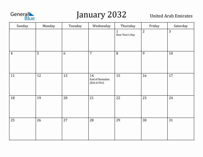 January 2032 Calendar United Arab Emirates
