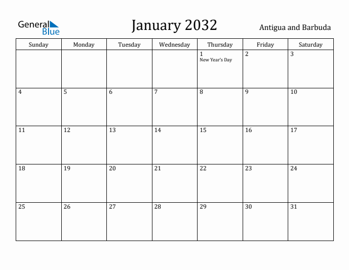 January 2032 Calendar Antigua and Barbuda