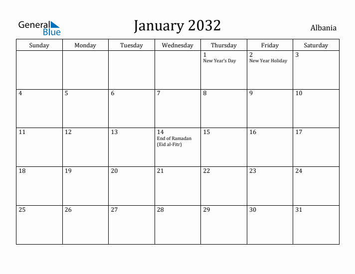 January 2032 Calendar Albania