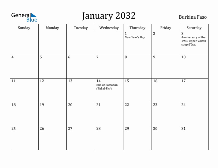 January 2032 Calendar Burkina Faso