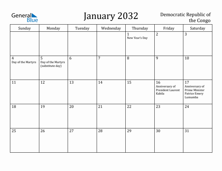 January 2032 Calendar Democratic Republic of the Congo