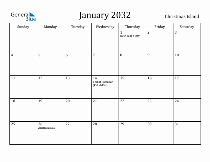January 2032 Calendar Christmas Island