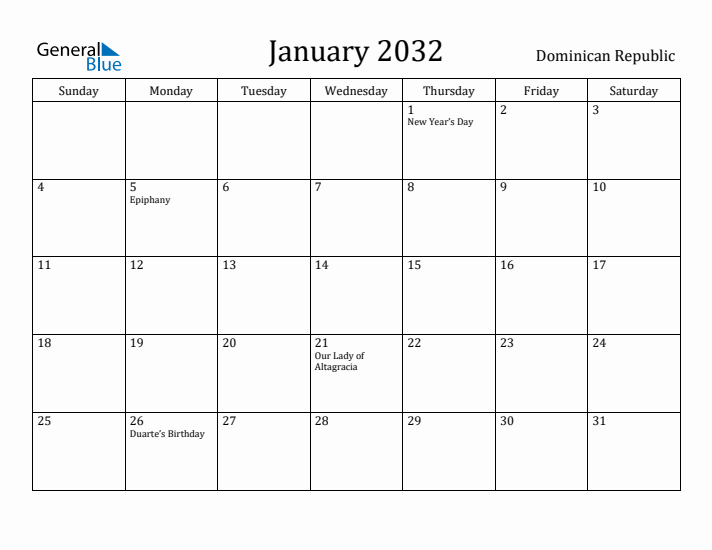 January 2032 Calendar Dominican Republic