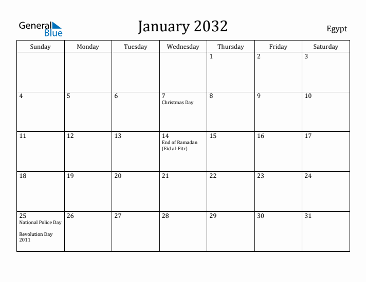 January 2032 Calendar Egypt