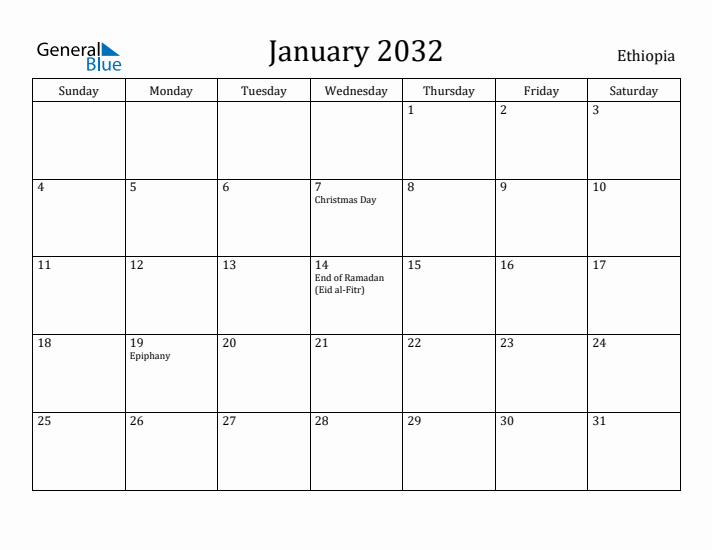 January 2032 Calendar Ethiopia