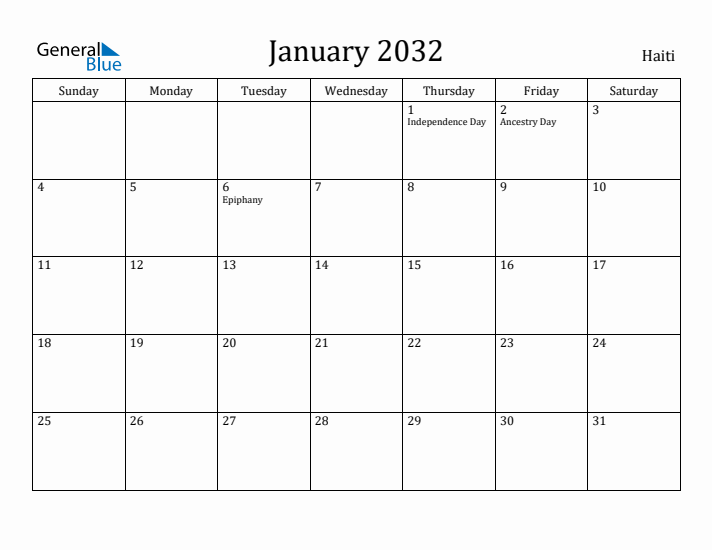 January 2032 Calendar Haiti
