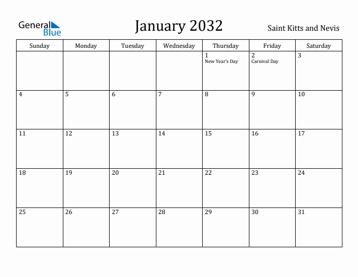 January 2032 Calendar Saint Kitts and Nevis