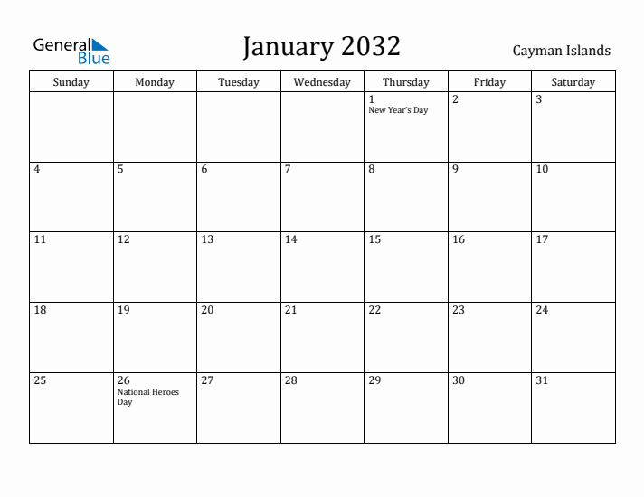 January 2032 Calendar Cayman Islands