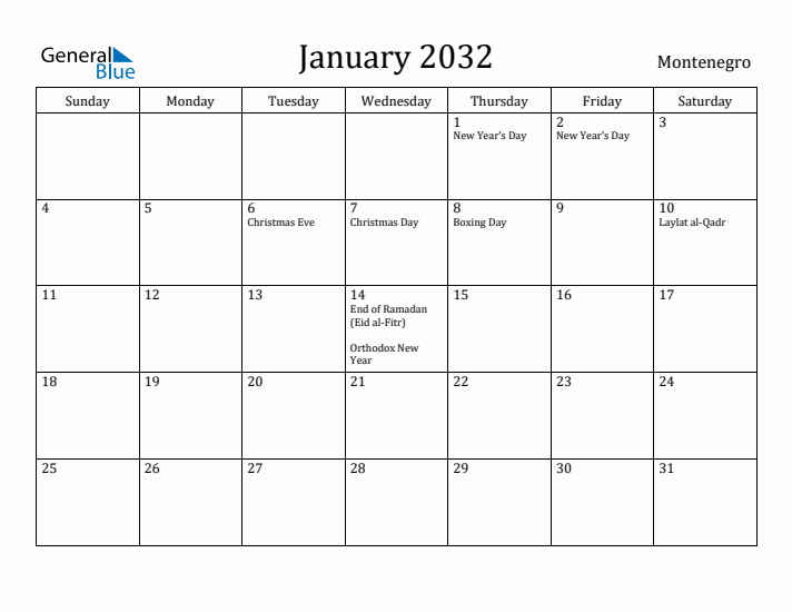 January 2032 Calendar Montenegro