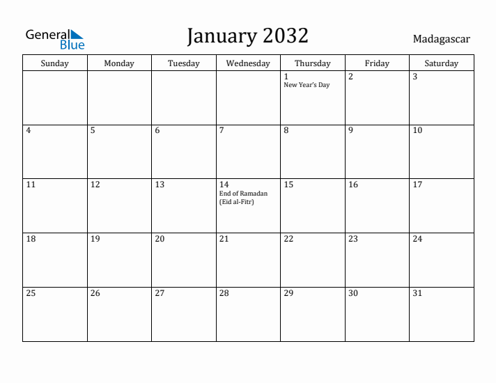 January 2032 Calendar Madagascar