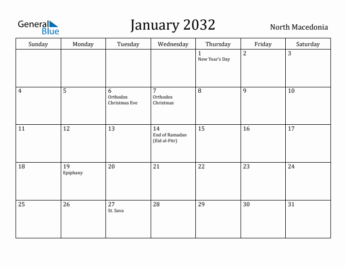 January 2032 Calendar North Macedonia