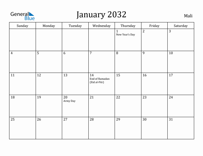 January 2032 Calendar Mali