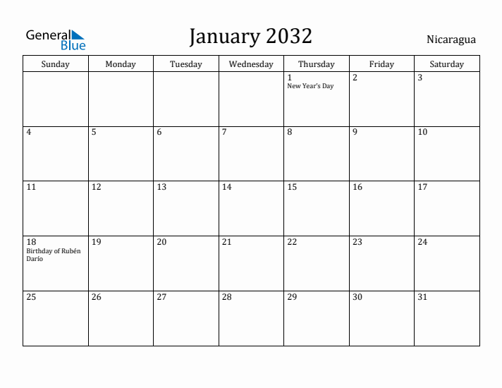 January 2032 Calendar Nicaragua