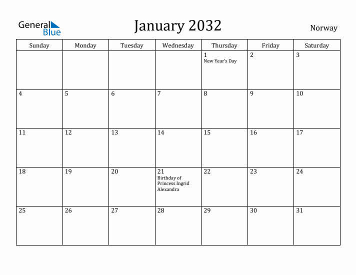January 2032 Calendar Norway