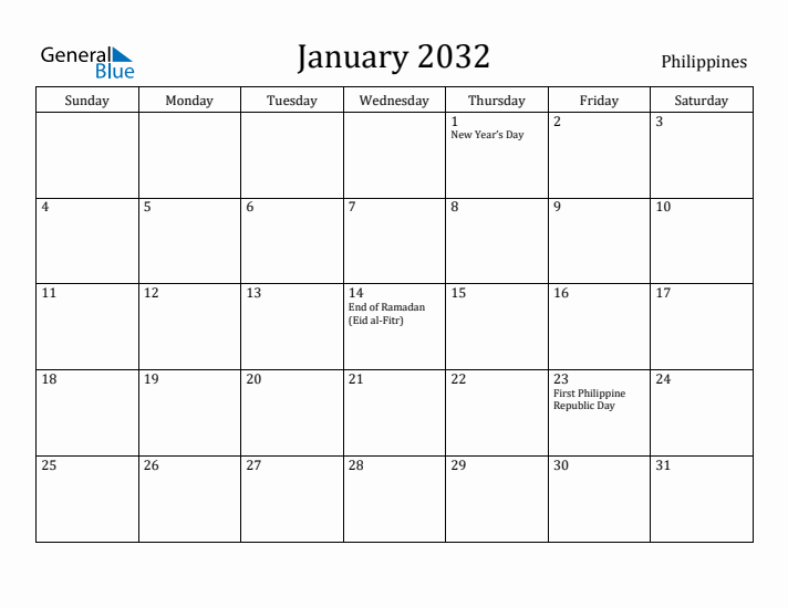 January 2032 Calendar Philippines
