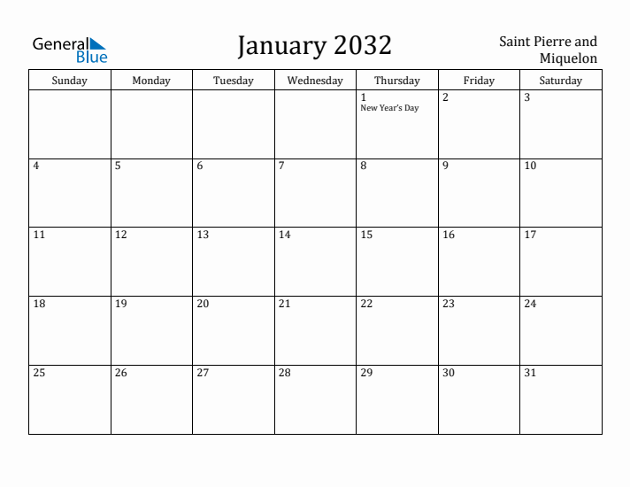 January 2032 Calendar Saint Pierre and Miquelon