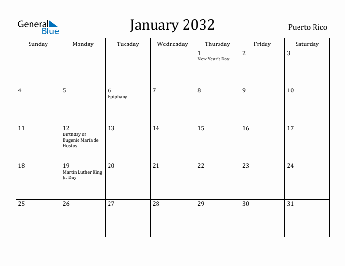 January 2032 Calendar Puerto Rico