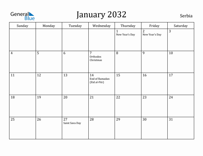 January 2032 Calendar Serbia