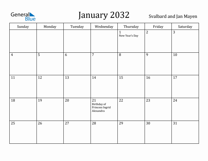 January 2032 Calendar Svalbard and Jan Mayen