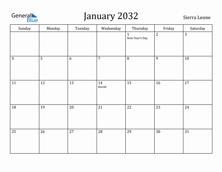 January 2032 Calendar Sierra Leone