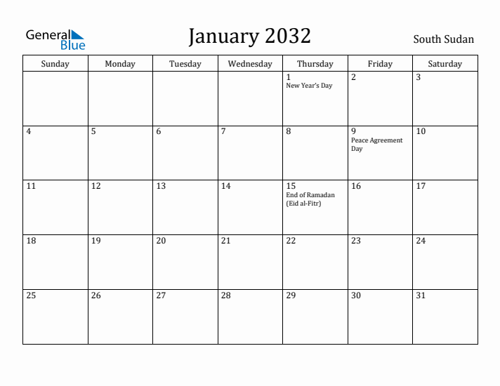 January 2032 Calendar South Sudan
