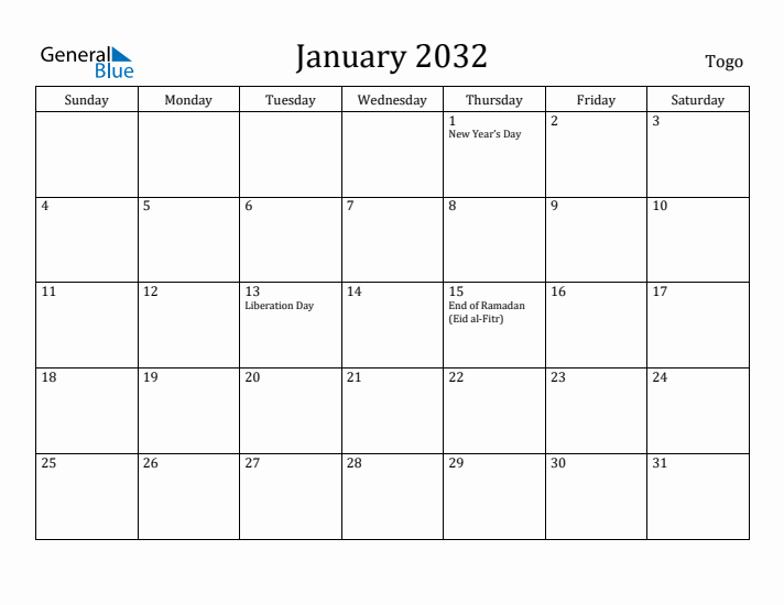 January 2032 Calendar Togo