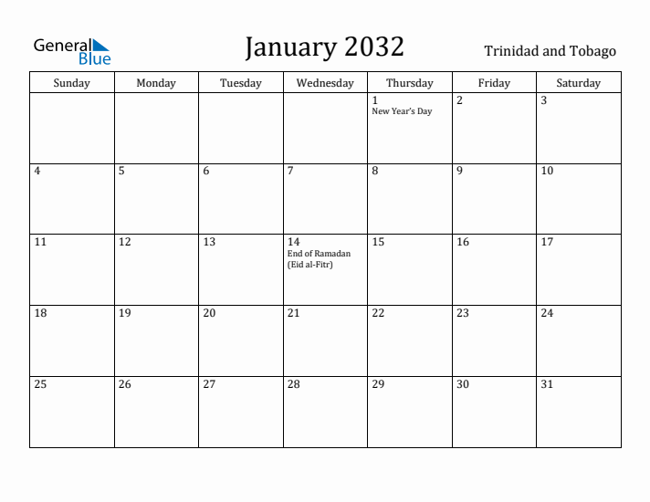 January 2032 Calendar Trinidad and Tobago