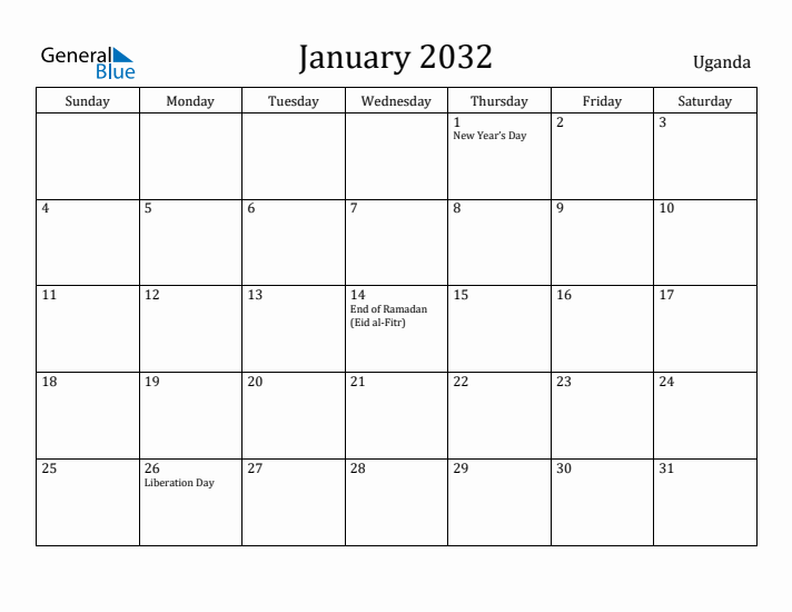 January 2032 Calendar Uganda