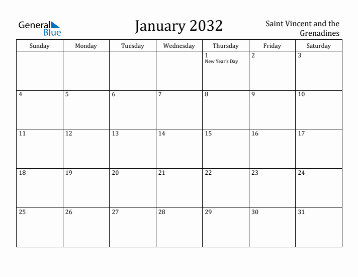 January 2032 Calendar Saint Vincent and the Grenadines